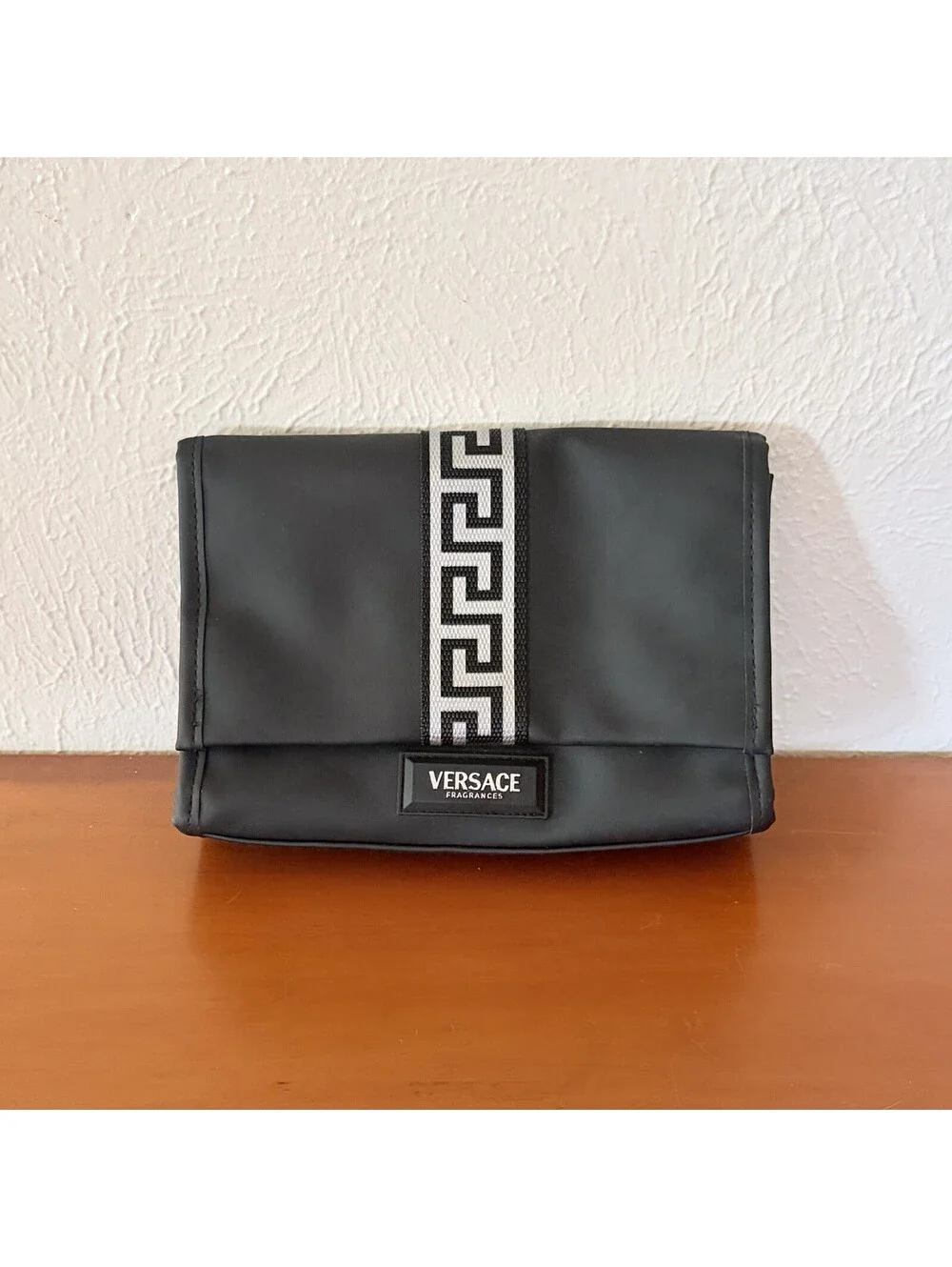 Versace Fragrances Black Toiletries Bag with Greek Key Pattern